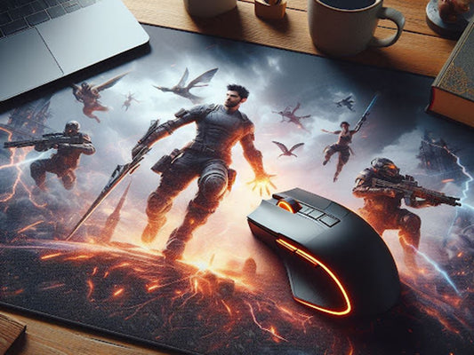 Person's hand holding a gaming mouse on a thick mousepad